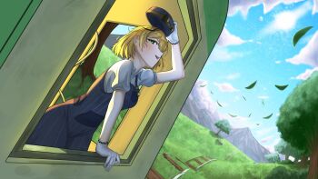 1girl absurdres black_hair blonde_hair breasts checkered_gloves cloud cloudy_sky dooby dooby_(1st_costume) gloves goggles goggles_on_headwear grass green_eyes hat highres indie_virtual_youtuber kgi_illus leaf light_blush looking_at_viewer medium_breasts mountainous_horizon multicolored_hair overalls railroad_tracks sky smile solo streaked_hair sun tail teeth thick_eyebrows train tree undershirt upper_teeth_only virtual_youtuber white_gloves yellow_tail