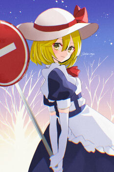 Rule 34 | 1girl, apron, bare tree, black dress, blonde hair, bow, bowtie, commentary request, cowboy shot, dress, elbow gloves, from side, gloves, hat, hat bow, hat ribbon, highres, holding road sign, kana anaberal, katsuragi atori, light blush, looking at viewer, no entry sign, outdoors, puffy short sleeves, puffy sleeves, red bow, red bowtie, red ribbon, ribbon, road sign, short hair, short sleeves, sign, smile, solo, standing, sun hat, touhou, touhou (pc-98), tree, turning head, twitter username, white apron, white gloves, white hat, yellow eyes