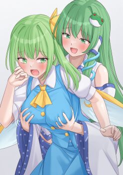 2girls absurdres ascot blue_dress blush bow breasts cowboy_shot daiyousei detached_sleeves dress fairy_wings frog_hair_ornament grabbing_another&#039;s_breast grabbing_from_behind green_eyes green_hair groping hair_bow hair_ornament hair_ribbon hair_tubes highres kochiya_sanae large_breasts long_hair long_sleeves molestation multiple_girls open_mouth ramie_(ramie541) ribbon short_hair short_sleeves side_ponytail single_hair_tube skirt smile snake snake_hair_ornament touhou white_background wings yellow_ascot yellow_bow