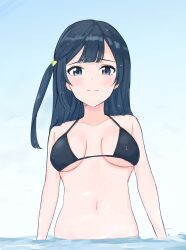 Rule 34 | 1girl, black bra, black hair, blush, bra, breasts, breasts apart, closed mouth, collarbone, commentary request, furrowed brow, highres, long hair, looking at viewer, love live!, love live! nijigasaki high school idol club, medium breasts, midriff, navel, one side up, partially submerged, solo, standing, tatsumi432, underwear, upper body, water, wet, wet hair, yuki setsuna (love live!)