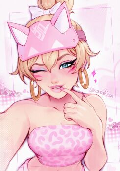 1girl absurdres animal_print artist_name biting blonde_hair blue_eyes breasts cleavage earrings eyeshadow facial_mark fox_mask half_mask highres hoop_earrings jewelry kiriko_(overwatch) konomidraws leopard_print looking_at_viewer makeup mask medium_breasts nail_biting one_eye_closed overwatch pink_eyeshadow pink_lips pink_nails pink_tube_top short_hair strapless topknot tube_top