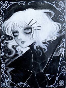 Rule 34 | 1girl, android, black background, bodysuit, bodysuit under clothes, border, buttons, coat, commentary, crimescenepartz, eyeshadow, floating hair, greyscale, hair ornament, hairclip, hashtag-only commentary, highres, inset border, lips, long neck, looking at viewer, makeup, marie (peripeteia), monochrome, nose, open clothes, open coat, ornate border, outer glow, painting (medium), parted lips, peripeteia, portrait, short hair, solo, traditional media, trench coat, triangle button, turning head, white hair