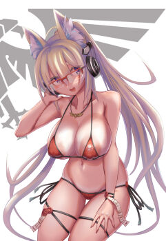 1girl :d animal_ear_fluff areola_slip bikini blonde_hair breasts covered_erect_nipples cowboy_shot female_focus glasses halterneck headphones highres imperium_of_man jewelry large_areolae large_breasts legs_together micro_bikini navel necklace open_mouth original purity_seal red-framed_eyewear semi-rimless_eyewear serizawa_(knight2020) side-tie_bikini_bottom smile solo swimsuit thigh_gap thigh_strap warhammer_40k