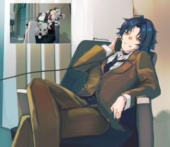 1boy 1girl arm_rest armchair asaba_harumasa black_choker black_hair black_necktie brown_suit chair choker commentary corded_phone cowboy_shot crossed_legs dialyn_(zenless_zone_zero) english_commentary formal_clothes game_screenshot_inset half-closed_eyes holding holding_phone indoors jewelry multiple_rings necktie official_alternate_costume on_chair parted_lips pendant_choker phone reference_inset rena2702 ring shadow shirt short_hair silver_ring sitting suit talking_on_phone twitter_username white_shirt yellow_eyes zenless_zone_zero