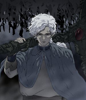 1boy absurdres black_eyes blue_cloak boy_(tenshi_no_tamago) cloak commentary_request expressionless grey_background grey_tunic highres holding holding_weapon kono_cigar long_sleeves looking_at_viewer male_focus outdoors over_shoulder ponytail solo tenshi_no_tamago_(anime) tunic upper_body weapon weapon_over_shoulder white_hair