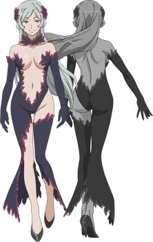 2girls anime_coloring ass back bare_shoulders black_gloves breasts center_opening closed_mouth collarbone dress dungeon_ni_deai_wo_motomeru_no_wa_machigatteiru_darou_ka elbow_gloves freya_(danmachi) full_body gloves grey_hair hair_ornament high_heels kimoto_shigeki large_breasts long_hair looking_at_viewer monochrome multiple_girls multiple_views navel official_art purple_eyes revealing_clothes sideless_dress simple_background smile standing thighs transparent_background