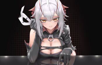 1girl absurdres alcohol ambience_synesthesia antenna_hair arknights asymmetrical_gloves black_gloves black_shirt breasts cleavage commentary cup demon_horns elbow_gloves english_commentary gloves grey_hair hair_between_eyes highres horns ice ice_cube large_breasts looking_at_viewer mask mildt official_alternate_costume parted_lips shirt short_hair solo unworn_mask w_(arknights) w_(wanted)_(arknights) yellow_eyes