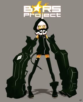 Rule 34 | 1girl, black rock shooter, black thighhighs, copyright name, dark-skinned female, dark skin, demon tail, flame print, grey background, hood, hoodie, mechanical arms, oetchi, orange eyes, strength (black rock shooter), tail, thighhighs, white hair