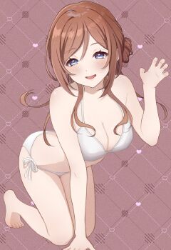 1girl absurdres all_fours amashi_2278 argyle_background bare_arms bare_legs barefoot bikini blue_eyes blush breasts brown_hair claw_pose cleavage commentary_request dotted_background full_body gakuen_idolmaster heart highres himesaki_rinami idolmaster large_breasts long_hair looking_at_viewer side-tie_bikini_bottom smile solo string_bikini swimsuit white_bikini
