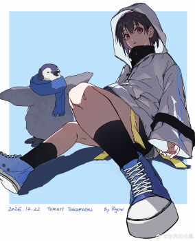1girl absurdres bang_dream! bang_dream!_it's_mygo!!!!! bird black_shorts black_socks blue_background blue_shoes border brown_eyes character_name chinese_commentary commentary_request dated grey_hair highres hood hood_down hooded_jacket jacket long_sleeves open_mouth outside_border penguin ryow_6 shoes short_hair shorts sleeves_past_wrists sneakers socks solo takamatsu_tomori white_border white_jacket