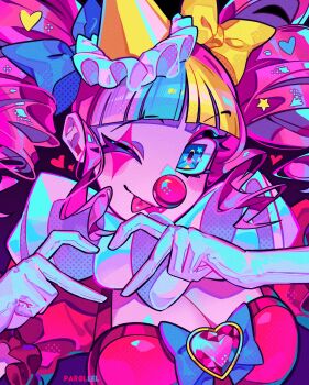 1girl ;) ;p april_first artist_name black_background blonde_hair blue_bow blue_bowtie blue_hair blunt_bangs bow bowtie breasts brooch cleavage closed_mouth clown clown_girl clown_nose commentary dress drill_hair english_commentary eyeshadow frilled_headwear frilled_sleeves frills gloves hair_bow hair_ornament halftone hands_up hat heart heart_brooch heart_hair_ornament heart_hands highres jewelry large_breasts looking_at_viewer makeup medium_hair monster_prom monster_prom_4:_monster_con multicolored_hair neck_ruff one_eye_closed par0llel party_hat pink_eyeshadow pink_hair pink_lips puffy_short_sleeves puffy_sleeves purple_hair raised_eyebrows red_dress red_nose short_sleeves sidelocks simple_background smile solo star_(symbol) star_hair_ornament star_in_eye streaked_hair symbol_in_eye tattoo tongue tongue_out twin_drills upper_body white_gloves yellow_bow yellow_hat