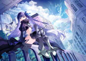 1girl absurdres black_coat bow city cloud coat commentary fate/extra fate/extra_ccc fate/grand_order fate_(series) hair_bow highres long_hair meltryllis_(fate) on_railing prosthesis prosthetic_leg purple_eyes purple_hair railing sitting user_frzm4382 very_long_hair