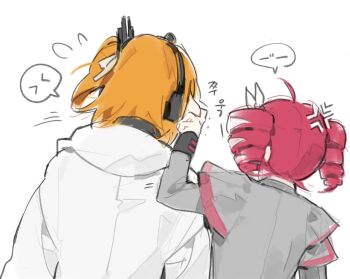 2girls a.i._voice adachi_rei ahoge anger_vein bow coat drill_hair flying_sweatdrops from_behind grabbing_another&#039;s_ear grey_jacket hair_bow hand_on_another&#039;s_ear jacket kasane_teto kasane_teto_(sv) korean_text long_sleeves multiple_girls munjiduck one_side_up orange_hair red_hair short_hair simple_background speech_bubble synthesizer_v twin_drills upper_body utau white_background white_coat