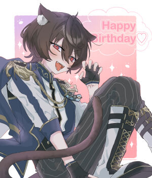 1boy ahoge aiguillette animal_ear_fluff animal_ears black_cat black_gloves black_pants blue_cape blue_vest boots cape cat cat_ears cat_tail commentary_request ensemble_stars! epaulettes fangs fingerless_gloves fleur-de-lis full_body gloves gold_trim happy_birthday high-waist_pants high_collar highres lace-up_boots looking_at_viewer male_focus pants sakuma_ritsu shirt short_hair sitting sleeve_cuffs solo striped_clothes striped_pants tail tongue tongue_out tumu_ri_o vertical-striped_clothes vertical-striped_pants vest white_boots white_shirt zipper