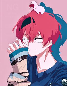 1boy background-color black_eyes commentary_request ear_piercing eve eve_(musician) from_side ghost_avenue highres jacket kara_no_kioku looking_up mahiru_hiruma male_focus mole mole_under_eye multicolored_jacket piercing pink_eyes rabbit_boy