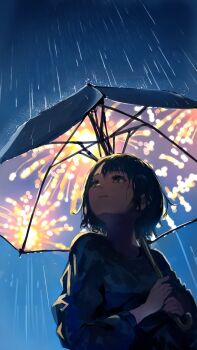 1girl aerial_fireworks backlighting black_hair closed_mouth commentary_request fireworks highres holding holding_umbrella long_sleeves looking_up night original outdoors rain sanmen_(threeface_il) short_hair sky solo umbrella