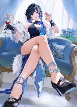 1girl absurdres alcohol ankle_garter anklet bare_shoulders black_gloves black_shoes blue_flower blue_hair bob_cut bracelet breasts calves cleavage commentary couch crossed_legs cup curtains cushion dress drinking_glass english_commentary flower genshin_impact gloves green_eyes hand_up haze_(7h4ze) high_heels highres holding holding_cup indoors jewelry legs looking_at_viewer official_alternate_costume on_couch parted_lips red_wine ribbon second-party_source shoes short_hair single_glove smile solo thighs window wine wine_glass yelan_(genshin_impact) yelan_(tranquil_banquet)_(genshin_impact)