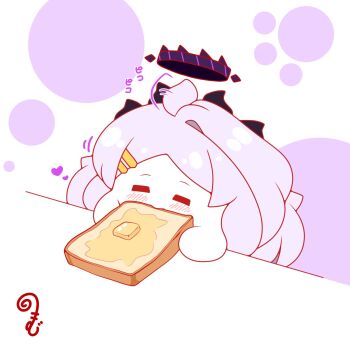 afterimage ahoge ahoge_wag blue_archive blush bread bread_slice butter closed_eyes commentary_request eating expressive_hair facing_viewer food grey_hair hair_ornament hairclip halo heart highres hina_(blue_archive) holding holding_food kurukurumagical motion_lines parted_bangs single_hair_intake solo toast upper_body white_background