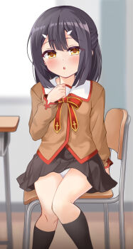 1girl :o black_hair black_skirt black_socks blurry blurry_background blush breasts brown_eyes brown_shirt chair commentary_request desk fate/kaleid_liner_prisma_illya fate_(series) hair_ornament hairclip hand_up highres homurabara_academy_school_uniform indoors long_sleeves looking_at_viewer medium_hair miniskirt miyu_edelfelt mochi_(k620803n) on_chair open_mouth paid_reward_available panties pantyshot pleated_skirt school_chair school_desk school_uniform shirt sitting skirt small_breasts socks solo underwear white_panties