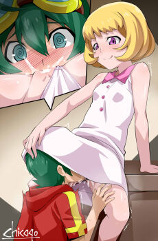 1boy 1girl :q @_@ arm_support bar_censor blonde_hair blush breasts censored chicago-x cunnilingus digimon digimon_universe:_appli_monsters dress female_ejaculation female_pov femdom flat_chest green_eyes green_hair head_under_skirt hetero highres holding_detached_head kashiki_ai kneeling loli oral pointless_censoring pov purple_eyes pussy pussy_juice pussy_juice_trail shinkai_haru short_hair shota sleeveless sleeveless_dress small_breasts tagme tongue tongue_out trembling upskirt