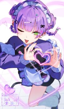 1girl absurdres alternate_costume apron barbell_piercing black_shirt bow braid bun_(bun_5u) commentary demon_girl demon_tail dot_nose ear_piercing enmaided full_body grey_nails hair_ornament heart heart_background heart_hands highres hololive industrial_piercing jewelry leg_warmers long_hair long_sleeves maid maid_headdress nail_polish one_eye_closed open_mouth piercing purple_hair purple_shirt ring shirt sidelocks simple_background solo tail tokoyami_towa triangle_mouth twin_braids virtual_youtuber white_apron