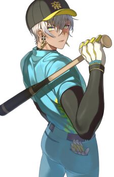 Rule 34 | 1boy, aqua pants, aqua shirt, baseball bat, baseball cap, belt, black belt, black hat, black sleeves, closed mouth, commentary request, cowboy shot, dark-skinned male, dark skin, earrings, from behind, gloves, gold earrings, green eyes, grey hair, hair between eyes, hand up, hat, highres, holding, holding baseball bat, ibrahim (nijisanji), jewelry, layered sleeves, lips, long bangs, long sleeves, looking at viewer, looking back, male focus, nijisanji, nijisanji koshien, pants, shirt, short hair, short over long sleeves, short sleeves, simple background, single unworn glove, solo, sweat, triangle earrings, turning head, virtual youtuber, white background, white gloves, zmzm hiji