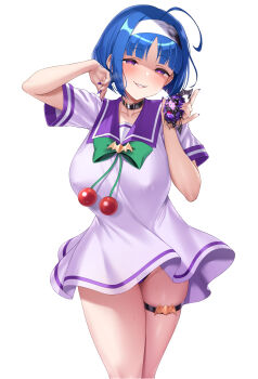 1girl ahoge black_choker bow breasts choker commentary_request green_bow highres kaitou_tenshi_twin_angel kannazuki_aoi large_breasts medium_hair panties purple_eyes purple_nails purple_panties purple_sailor_collar sailor_collar satou_kuuki shirt short_sleeves simple_background smile smug solo standing thigh_strap twin_angel underwear white_background white_shirt