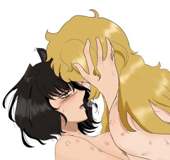 2girls animal_ears artist_request bite_marks black_hair blake_belladonna blonde_hair cat_ears cat_girl fang highres implied_sex multiple_girls heavy_breathing rwby yang_xiao_long yuri