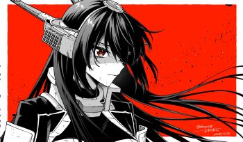1girl blood blood_on_face closed_mouth commentary_request dated greyscale greyscale_with_colored_background hair_between_eyes hair_over_one_eye headgear highres kantai_collection long_hair machi_(ritovoyage) monochrome nagato_(kancolle) nagato_kai_ni_(kancolle) red_eyes simple_background solo spot_color twitter_username upper_body