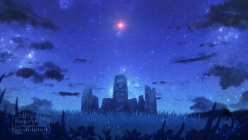 cloud cloudy_sky commentary_request grass highres mame_yuduru night no_humans original outdoors scenery sky star_(sky) starry_sky structure