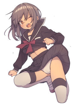 1girl black_serafuku black_skirt blush brown_eyes brown_hair clothes_lift collarbone commentary everyntrge full_body highres long_sleeves medium_hair midriff_peek navel on_one_knee one_eye_closed open_mouth original panties pantyshot pleated_skirt red_ribbon ribbon school_uniform serafuku shirt_lift shoes sidelocks simple_background skirt solo sweatdrop teeth thighhighs underwear upper_teeth_only uwabaki white_background white_panties white_thighhighs wind wind_lift