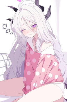1girl absurdres ahoge between_legs black_horns blue_archive blush demon_girl demon_horns dress halo hand_between_legs highres hina_(blue_archive) hina_(pajamas)_(blue_archive) horns kanimiso30601 long_hair looking_at_viewer low_wings multiple_horns official_alternate_costume one_eye_closed pajamas panties pink_pajamas polka_dot polka_dot_dress polka_dot_pajamas purple_eyes sitting solo underwear wariza white_hair white_panties wings
