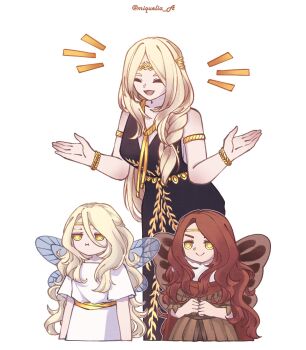 1boy 2girls :> :i ^_^ aged_down armlet artist_name belt braid brother_and_sister circlet closed_eyes commentary crown dress elden_ring elden_ring:_shadow_of_the_erdtree english_commentary gold_belt gold_circlet gold_crown gold_diadem highres jewelry malenia_blade_of_miquella miqueliafantasia miquella_(elden_ring) mother_and_daughter mother_and_son multiple_girls notice_lines queen queen_marika_the_eternal siblings simple_background smile twins white_background wings yellow_eyes