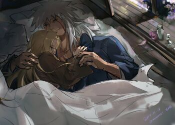 1boy 1girl artist_name commentary_request cuddling facial_mark highres jiraiya_(naruto) long_hair mature_female mature_male mine00451 naruto_(series) signature sleeping tsunade_(naruto) white_hair