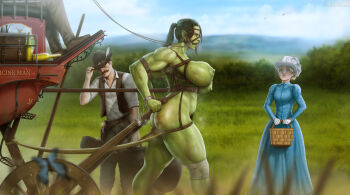 2boys 2girls angry ball_gag bdsm beast_of_burden blonde_hair blue_butterfly blue_dress blue_eyes blurry blurry_foreground body_freckles bondage bound breast_freckles breasts brown_pants brown_shoes brown_vest bug butterfly carriage collared_shirt colored_skin cowboy_hat cowboy_western cuffed cuffs day depth_of_field dirt dress facial_hair female_orc freckles_on_breasts gag gloves grass green_hair green_skin handcuffs hat hat_tip highres huge_breasts insect jojobanks long_hair multiple_boys multiple_girls muscular muscular_female mustache open_clothes open_vest orc original outdoors pants pointy_ears pony_play ponytail public_indecency public_nudity shirt shoes slave vest whip_marks white_gloves white_hat white_shirt