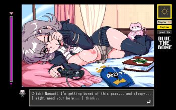 1990s_(style) 1girl black_shirt black_thighhighs bluethebone breasts breasts_out brown_skirt clothes_lift controller danganronpa_(series) doritos english_text fake_screenshot flipped_hair game_controller grey_hair hair_ornament hairclip indoors large_breasts long_sleeves lying miniskirt mole mole_on_breast nanami_chiaki nipples on_side one_eye_closed pc-98_(style) pc98 pink_eyes pixel_art pleated_skirt retro_artstyle shirt shirt_lift skirt sleepy solo thighhighs