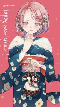 Rule 34 | 1girl, arimura mao, bag, blue eyes, blush, closed mouth, commentary request, cowboy shot, finger to mouth, floral print, floral print kimono, furisode, gakuen idolmaster, hair ornament, hair ribbon, hairclip, happy new year, highres, holding, holding bag, idolmaster, index finger raised, japanese clothes, kimono, kinchaku, looking at viewer, new year, nose blush, obi, obiage, obijime, omeme memeta, pink hair, pouch, print kimono, red background, ribbon, sash, shawl, short hair, smile, solo, white ribbon, white shawl