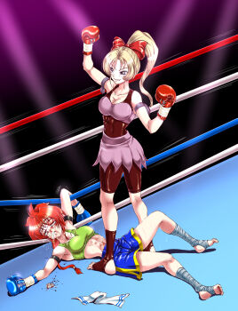 2girls ayane-chan_high_kick! boxing boxing_gloves boxing_ring catfight commission defeat fainted fainting highres k.o. kickboxing mitsui_ayane miyagawa_sakurako multiple_girls pixiv_commission santos smile tagme unconscious