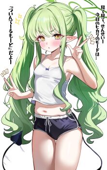 1girl absurdres alternate_costume alternate_hairstyle bare_shoulders black_shorts black_tail blue_archive blush breasts camisole commentary demon_tail dolphin_shorts green_hair green_halo halo hands_up highres hikari_(blue_archive) loli long_hair looking_at_viewer motion_lines navel nozomi_(blue_archive)_(cosplay) open_mouth pointy_ears sak_(lemondisk) short_shorts shorts simple_background small_breasts solo tail tail_wagging thick_eyebrows thigh_gap thighs translated twintails v very_long_hair w white_background white_camisole yellow_eyes