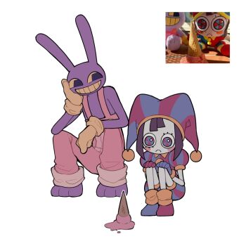 1boy 1girl :&lt; animal_ears asymmetrical_footwear asymmetrical_gloves barefoot black_eyes blue_bodysuit blue_eyes blue_gloves blue_hat blue_shoes blush_stickers bodysuit brown_hair buttons closed_mouth colored_sclera colored_skin derivative_work food full_body gloves hand_on_own_face hand_up hands_on_own_knees hat highres ice_cream ice_cream_cone jax_(the_amazing_digital_circus) jester_cap looking_at_another looking_at_food mismatched_footwear mismatched_gloves multicolored_bodysuit multicolored_eyes pale_skin pants pink_pants pom_pom_(clothes) pomni_(the_amazing_digital_circus) puffy_short_sleeves puffy_sleeves purple_skin rabbit_boy rabbit_ears red_bodysuit red_eyes red_gloves red_hat red_shoes sad screenshot_redraw shoes short_hair short_sleeves simple_background skn_1027 smile squatting striped_hat suspenders teeth the_amazing_digital_circus two-tone_bodysuit two-tone_hat vertical-striped_bodysuit white_background wing_collar yellow_gloves yellow_sclera