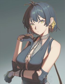 1girl bandaged_arm bandages bare_shoulders black_gloves black_hair breasts cross-laced_clothes cross-laced_top earrings evve_(fok_illust) eyeshadow female_rover_(wuthering_waves) gloves hand_up hashtag-only_commentary jewelry long_hair looking_at_viewer makeup ponytail red_eyeshadow ribbon rover_(wuthering_waves) solo tacet_mark_(wuthering_waves) triangle_earrings upper_body wuthering_waves yellow_eyes yellow_ribbon