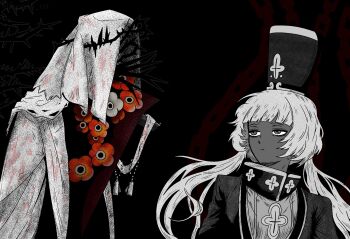 Rule 34 | 1boy, 1girl, black background, charon (project moon), charon (reverse:1999), coat, dress, flower, greyscale, hat, highres, hyojin en, limbus company, looking at another, low twintails, monochrome, name connection, object head, poppy (flower), project moon, red flower, reverse:1999, shako cap, spot color, twintails, upper body