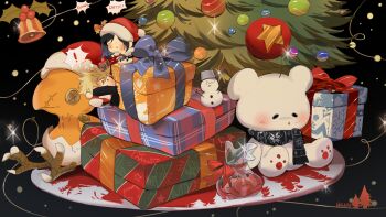 1boy 1girl 4k1030 absurdres black_hair black_scarf blonde_hair blush box capelet character_doll chibi chibi_only chocobo christmas christmas_lights christmas_ornaments christmas_present christmas_tree cloud_strife cloud_strife_(holiday_outfit) doll english_text final_fantasy final_fantasy_vii final_fantasy_vii:_ever_crisis full_body fur-trimmed_capelet fur-trimmed_jacket fur_trim gift gift_box hat hat_ornament highres holly_hat_ornament jacket long_hair looking_at_another moogle official_alternate_costume open_mouth pom_pom_(clothes) red_capelet red_jacket revision santa_costume santa_hat scarf snowman sparkle speech_bubble spiked_hair sweatdrop tifa_lockhart tifa_lockhart_(fairy_of_the_holy_flame)