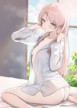 1girl absurdres artist_name ass bang_dream! bang_dream!_it&#039;s_mygo!!!!! blush breasts chihaya_anon collarbone day grey_eyes heart highres indoors long_hair long_sleeves looking_at_viewer naked_shirt open_clothes open_mouth open_shirt pink_hair plant renard_(pixiv_13710050) shirt sitting solo thighs twisted_torso wariza white_shirt window