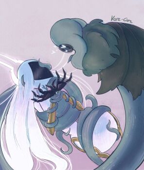 1girl 1other artist_name black_skin bound bound_wrists colored_skin grand_mother_silk_(hollow_knight) grey_background greyroot_(hollow_knight) heart highres hollow_knight hollow_knight:_silksong horns kare_care long_hair looking_at_another simple_background tentacles white_hair white_skin