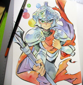 Rule 34 | 1boy, agahari, armor, art brush, art tools in frame, black bodysuit, black cape, bodysuit, cape, chariot (magical drop), closed mouth, commentary request, cropped legs, green eyes, hand up, helmet, looking at viewer, magical drop, male focus, orb, paintbrush, painting (medium), pauldrons, photo (medium), red cape, shoulder armor, smile, solo, traditional media, two-sided cape, two-sided fabric, vambraces