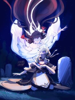 Rule 34 | 2girls, bare shoulders, black collar, black hair, black sleeves, blue eyes, bonnet, breasts, brown hair, closed eyes, closed mouth, collar, columbina (genshin impact), commentary, detached collar, detached sleeves, doll joints, dress, english commentary, eye mask, floating, genshin impact, grass, grave, graveyard, hair ornament, hand on own chest, head wings, headdress, highres, joints, kneeling, long hair, long sleeves, looking back, looking up, mask, moonlight, multicolored hair, multiple girls, multiple wings, mynabirb, reaching, reaching towards another, red hair, red streaks, ribbon, sandrone (genshin impact), see-through clothes, see-through mask, short hair with long locks, sidelocks, smile, streaked hair, tombstone, two-tone hair, very long hair, white dress, white headdress, white mask, white wings, wing hair ornament, wings, x-shaped eyewear