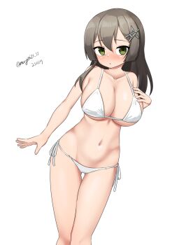 1girl absurdres alternate_breast_size_(larger) bikini black_hair breasts dated feet_out_of_frame grey_eyes hair_ornament hairclip hand_on_own_chest highres kantai_collection large_breasts long_hair lowleg lowleg_bikini maru_(marg0613) one-hour_drawing_challenge oyashio_(kancolle) side-tie_bikini_bottom simple_background solo swimsuit twitter_username white_background white_bikini