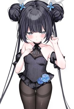 1girl absurdres bare_shoulders black_hair black_leotard blue_archive blue_flower blush brown_pantyhose detached_sleeves flower frills grey_eyes grey_halo hair_bun hair_flower hair_ornament halo hand_in_own_hair hand_on_own_chest highres kisaki_(blue_archive) kisaki_(dress)_(blue_archive) lace leotard long_hair open_mouth pantyhose shouu-kun simple_background sleeveless thighband_pantyhose white_background