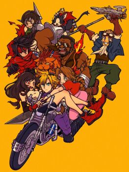 3girls 5boys aechin0130 aerith_gainsborough aircraft airship anniversary bare_legs barret_wallace black_hair blonde_hair blue_eyes blue_jacket breasts brown_hair brown_vest buster_sword cait_sith_(final_fantasy) cape cat cid_highwind cigarette closed_mouth cloud_strife commentary_request crown dark-skinned_male dark_skin dress final_fantasy final_fantasy_vii fire flame-tipped_tail full_body goggles goggles_on_head green_pants green_sweater highres highwind jacket large_breasts long_hair low-tied_long_hair mini_crown miniskirt motor_vehicle motorcycle multiple_boys multiple_girls open_mouth pants pink_dress red_cape red_eyes red_footwear red_fur red_jacket red_xiii short_hair skirt spiked_hair sunglasses sweater tail tank_top tifa_lockhart vest vincent_valentine white_tank_top yellow_background yuffie_kisaragi zack_fair
